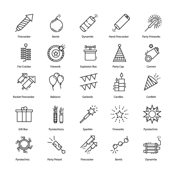 Pyrotechnics Icons Pack Filled Party Poppers Firecrackers Firework Complete Visuals — Stock Vector