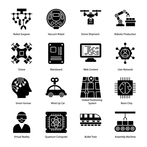 Oto Zestaw Ikon Symboli Sztucznej Inteligencji Robotycznych Wizualizacji Technologicznych Które — Wektor stockowy