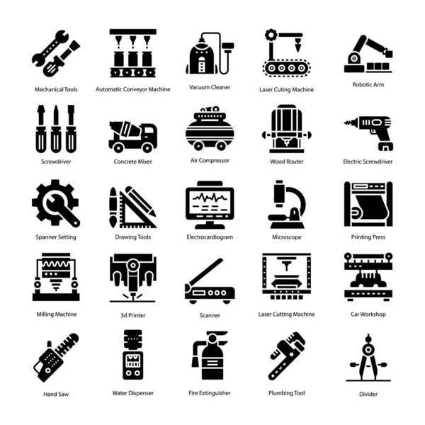 Paquete Que Contiene Herramientas Técnicas Iconos Sólidos Máquina Configurados Para — Vector de stock