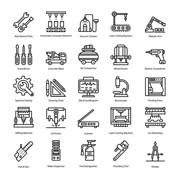 Ένα Πακέτο Που Περιέχει Τεχνικά Εργαλεία Και Εικονίδια Γραμμών Μηχανών — Διανυσματικό Αρχείο