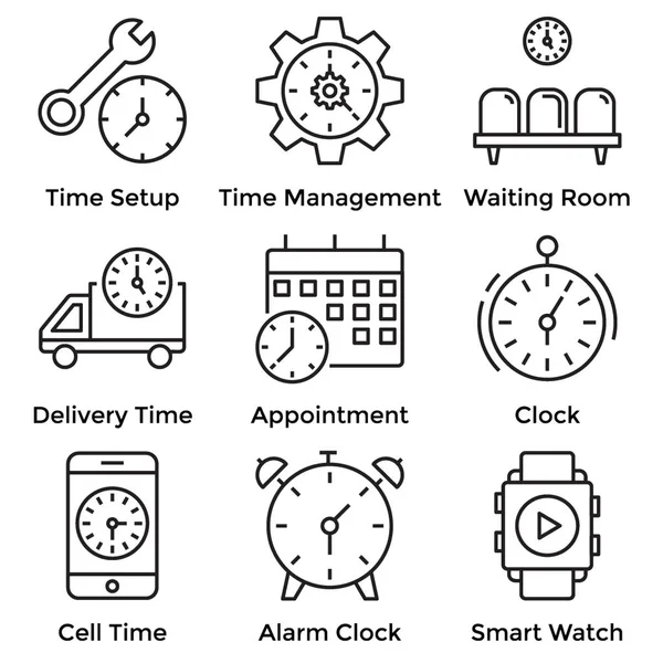 Iconos Línea Reloj Que Tienen Despertador Configuración Tiempo Visuales Gestión — Vector de stock