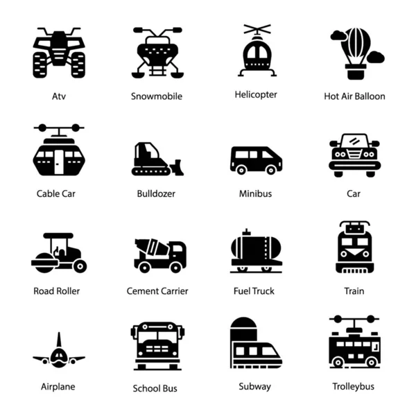 Conjunto Iconos Sólidos Transporte Conjunto Está Aquí Para Satisfacer Sus — Archivo Imágenes Vectoriales