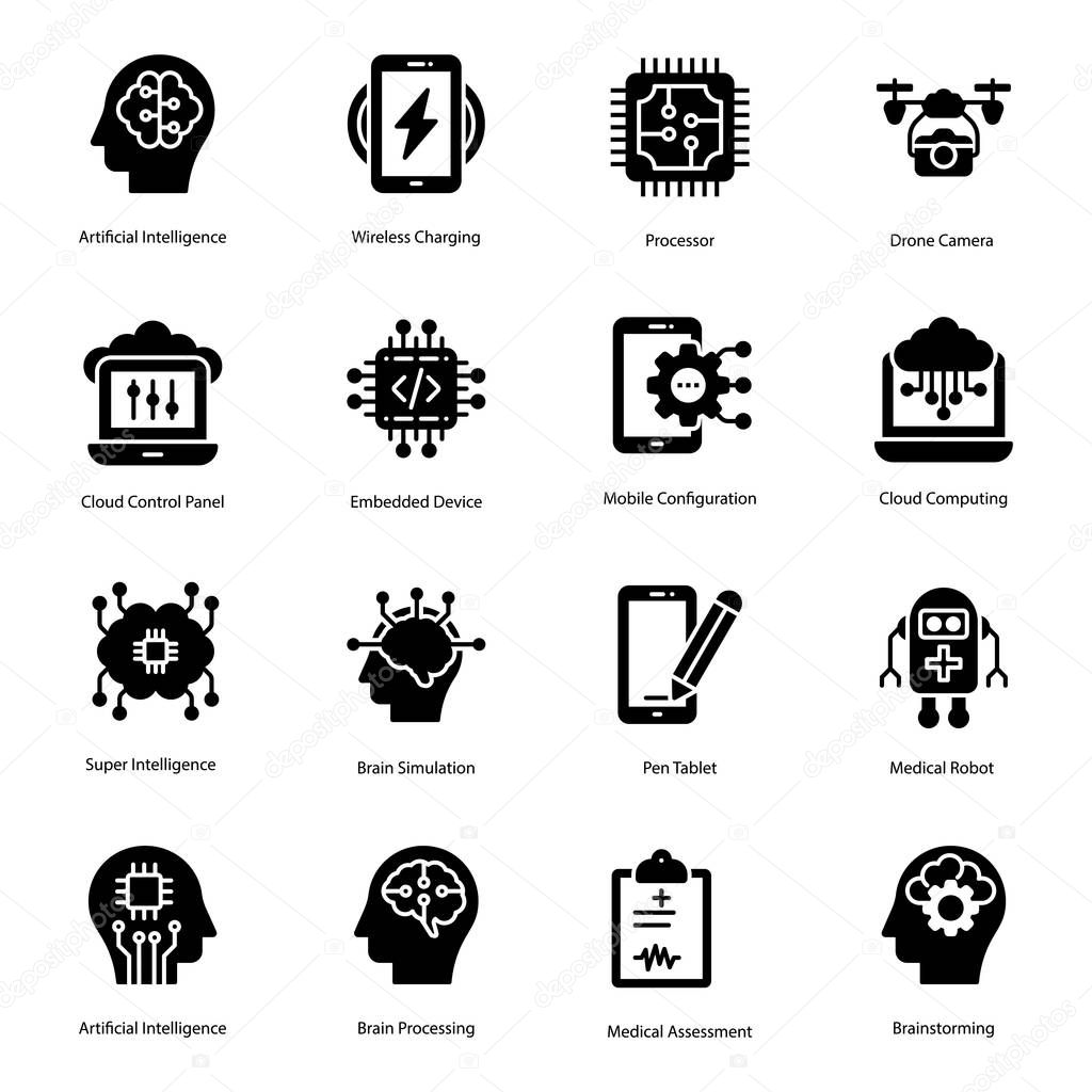 Artificial intelligence solid icons pack is here to make your design project more interesting and charming. Pack with editable quality is here for you for your design needs and requirements. Hold it now!