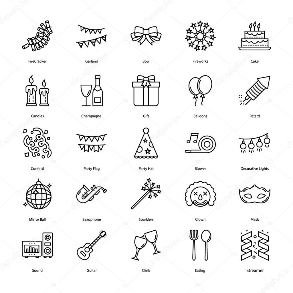 Look at this wonderful set of confettis line icons pack having visuals regarding to party and celebration.Hold it now 