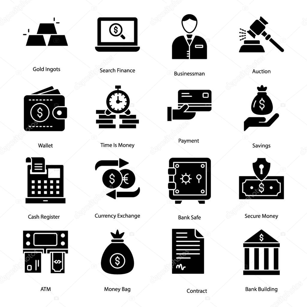 Finance glyph icons pack having solid icons in editable form. Grab this pack if you have any kind of related upcoming projects