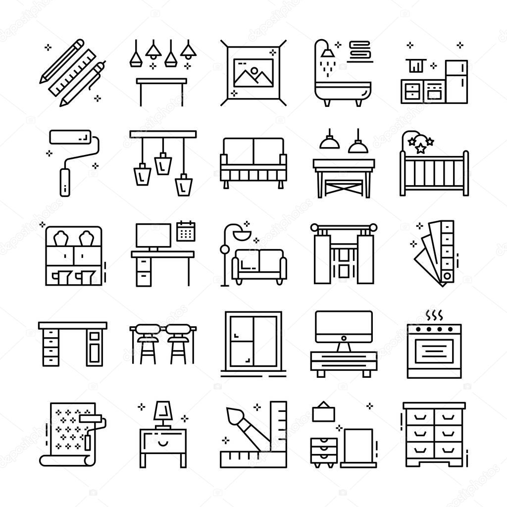 Here is a set of interior design line icons, which representing the captivating and enchanting visuals of  home interior icons that you can simply modify in your exigency. 