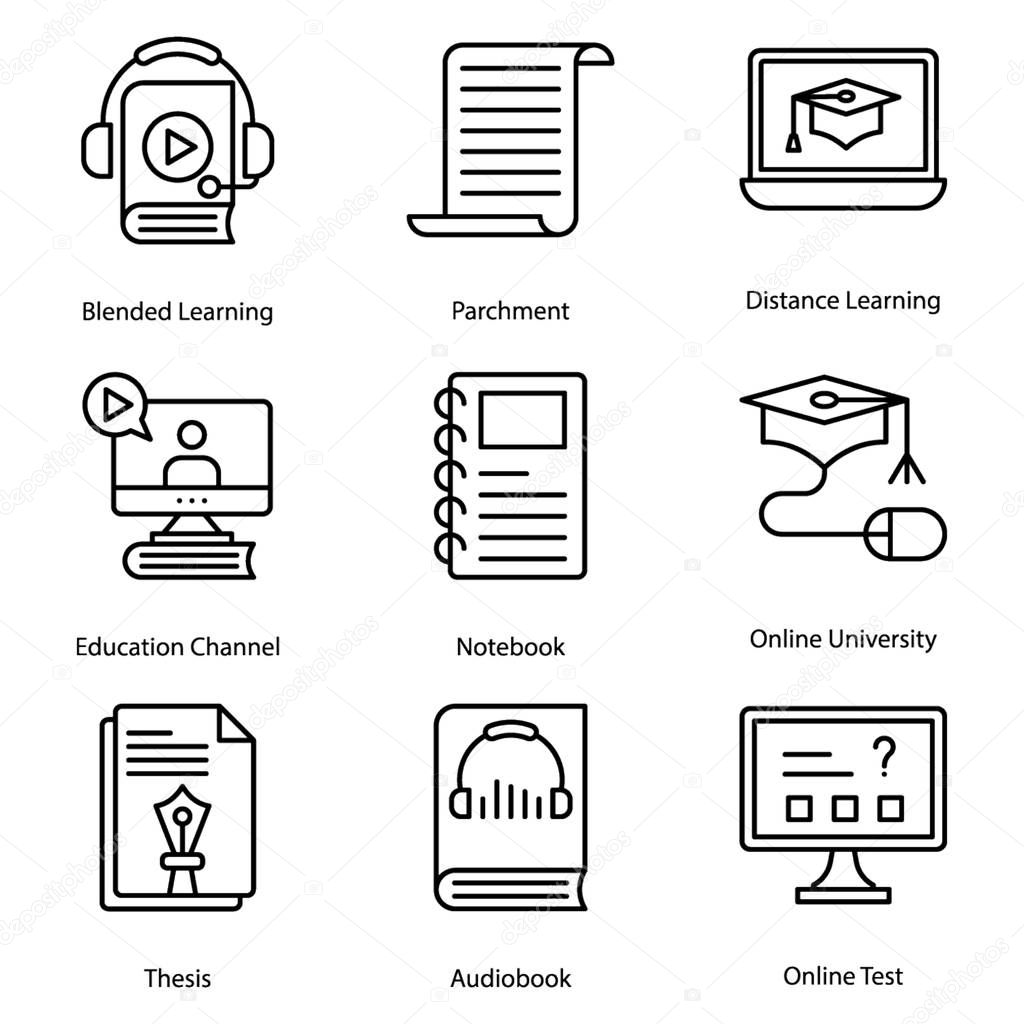 A pack of distance learning having educational visuals in line icons  is ready to download for your academic and institutional projects. 