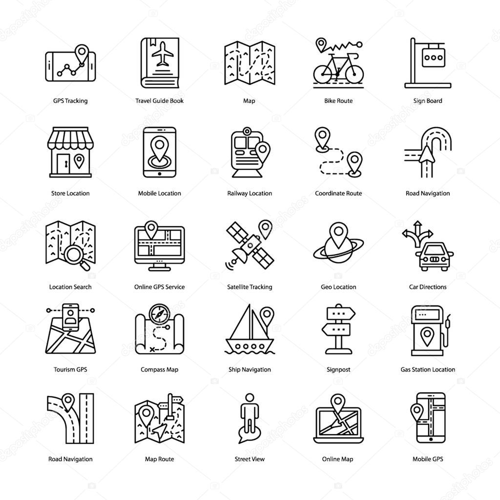 Here is a set of map location line vectors, having enchanting and captivating visuals of map navigation icons that you can easily edit  as per your need. 
