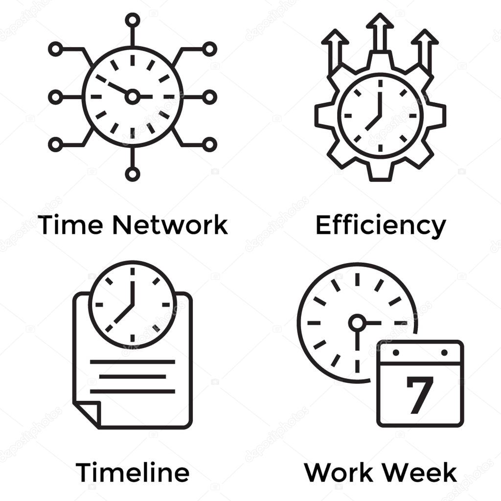 30 clock line icons having time network, efficiency, timeline visuals. Editable icons are exclusively designed to meet your business needs