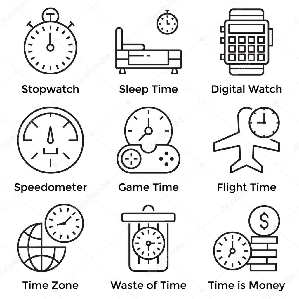 Clock line vectors having stopwatch, speedometer, flight time visuals. Editable icons are exclusively designed to meet your business needs