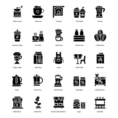 Burada kafe dükkanı ekipman ve makine tüm yönleriyle tasvir görüntüleri görsellere sahip kahve dükkanı glyph simgeleri bir paket. Değiştirilebilir ve ihtiyacınıza göre değiştirilebilir. Seçin ve indirin!