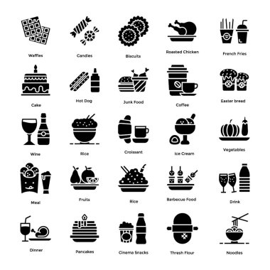 Gıda simgeleri fırın ve restoran projeleri için en iyi gıda öğeleri kavramsal görseller sahip glyph tasarım ayarlayın. Şimdi yakala.. 