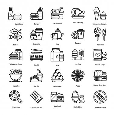 Gıda simgeleri, fırın ve restoran projeleriniz için en iyi gıda öğelerinin kavramsal görsellerine sahip sıralı tasarımda paketlenir. Şimdi yakala.. 