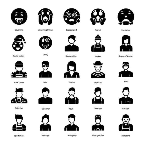 Emoticones Lindos Versátiles Avatares Paquete Iconos Sólidos Está Aquí Encontrará — Vector de stock