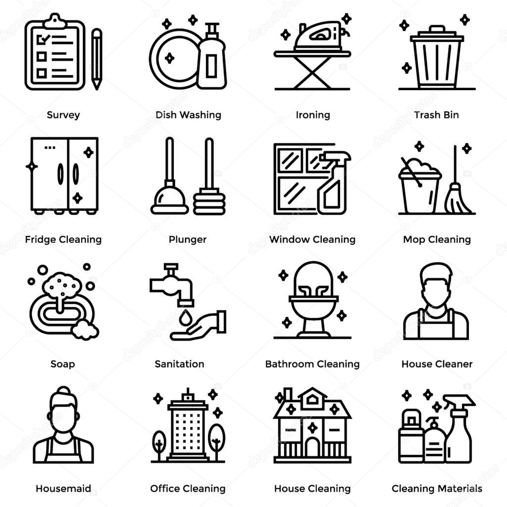 Here is house cleaning line icons pack for your ease. Get this alluring set with editable quality. Hold and use now to get your project more reliable. 
