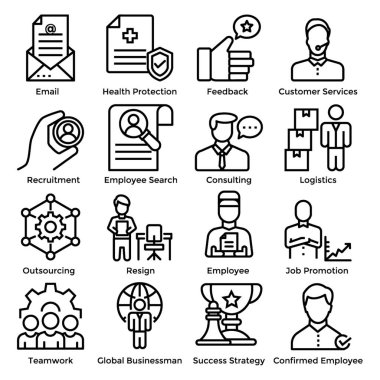 İnsan kaynakları hattı simgeleri araştırma, toplantı, liderlik, iş ve yönetim görselleri ile ayarlanır. Kullanılabilir simgeler yalnızca iş ihtiyaçlarınızı karşılamak üzere tasarlanmıştır. Keyfini!