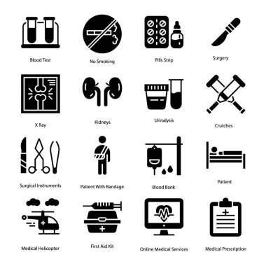 Tıbbi test glyph simgeleri sağlık, bandaj, ilaç, stetoskop görseller sahip paketi. Kullanılabilir simgeler yalnızca iş ihtiyaçlarınızı karşılamak üzere tasarlanmıştır.