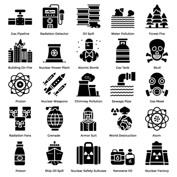 Nucleaire Elementen Solid Icons Pack Hebben Een Bijdrage Wereldwijde Elektriciteitstoevoer — Stockvector