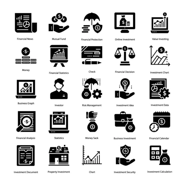 Glyph Uppsättning Besparingar Och Investeringar Ikoner Bäst För Alla Typer — Stock vektor