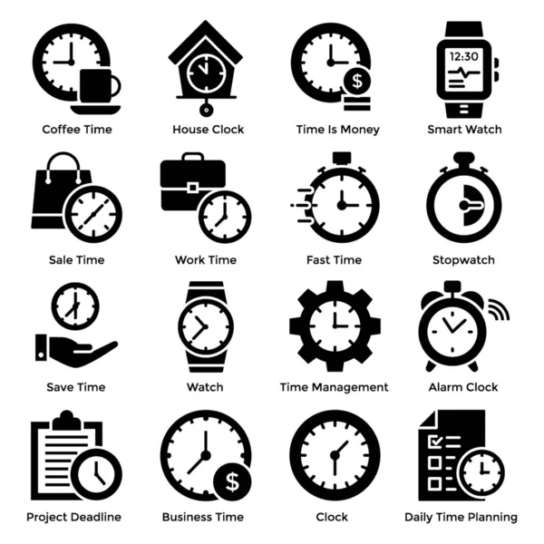 Aquí Hay Conjunto Vectores Glifo Tiempo Ocupa Los Iconos Conceptuales — Vector de stock