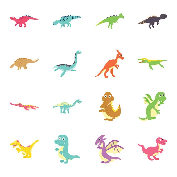 Tutaj Jest Tak Wiele Różnych Cute Dinozaurów Płaskie Ikony Pack — Wektor stockowy