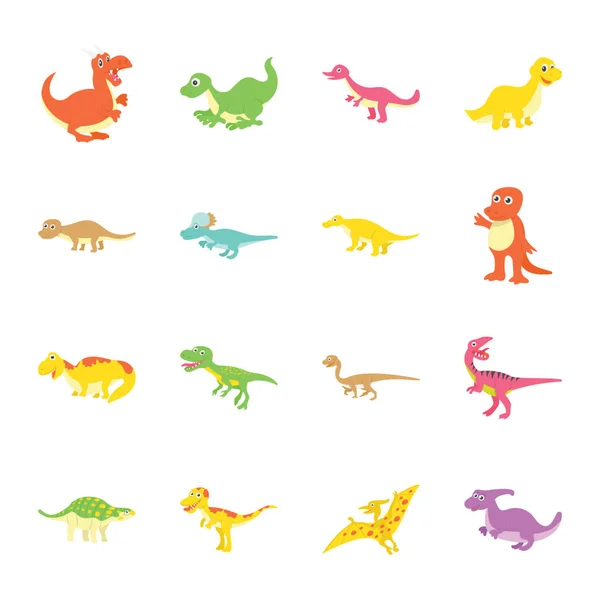 Aquí Hay Tanta Variedad Dinosaurios Lindos Iconos Planos Conjunto Sostenga — Vector de stock