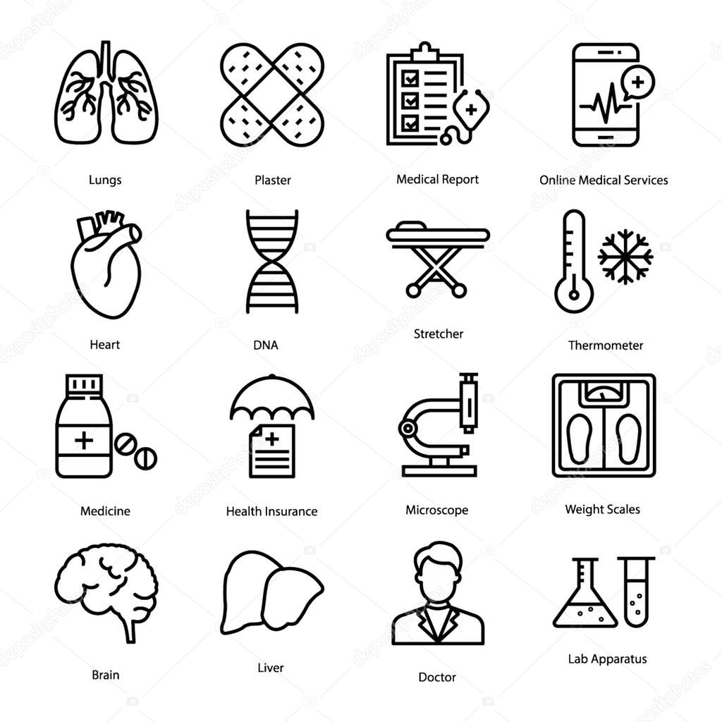 Medical instruments line vectors pack having healthcare, bandage, medicine, stethoscope visuals. Editable icons are exclusively designed to meet your business needs.