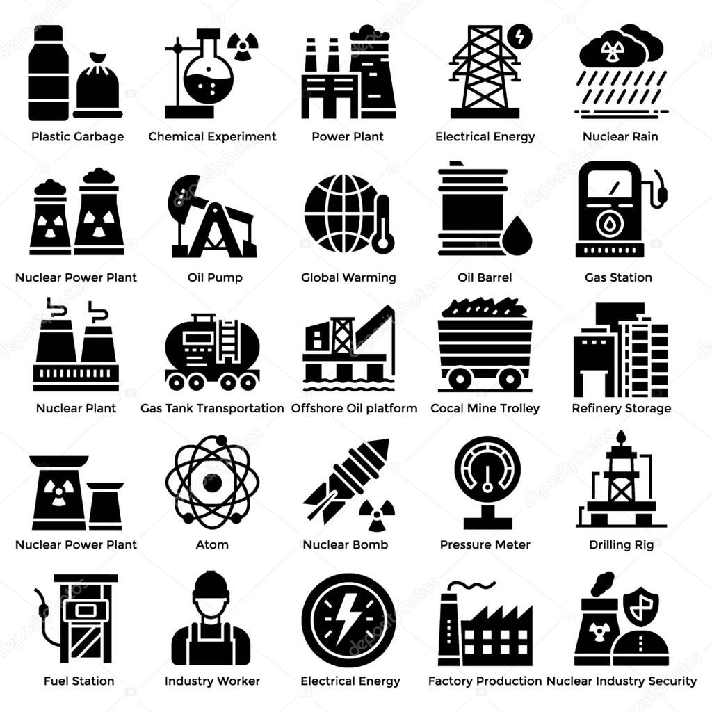 Nuclear elements solid icons set having contribution in global electricity supply with radioactivity signs. Editable vectors are easy to use for related industry. Grab it now!