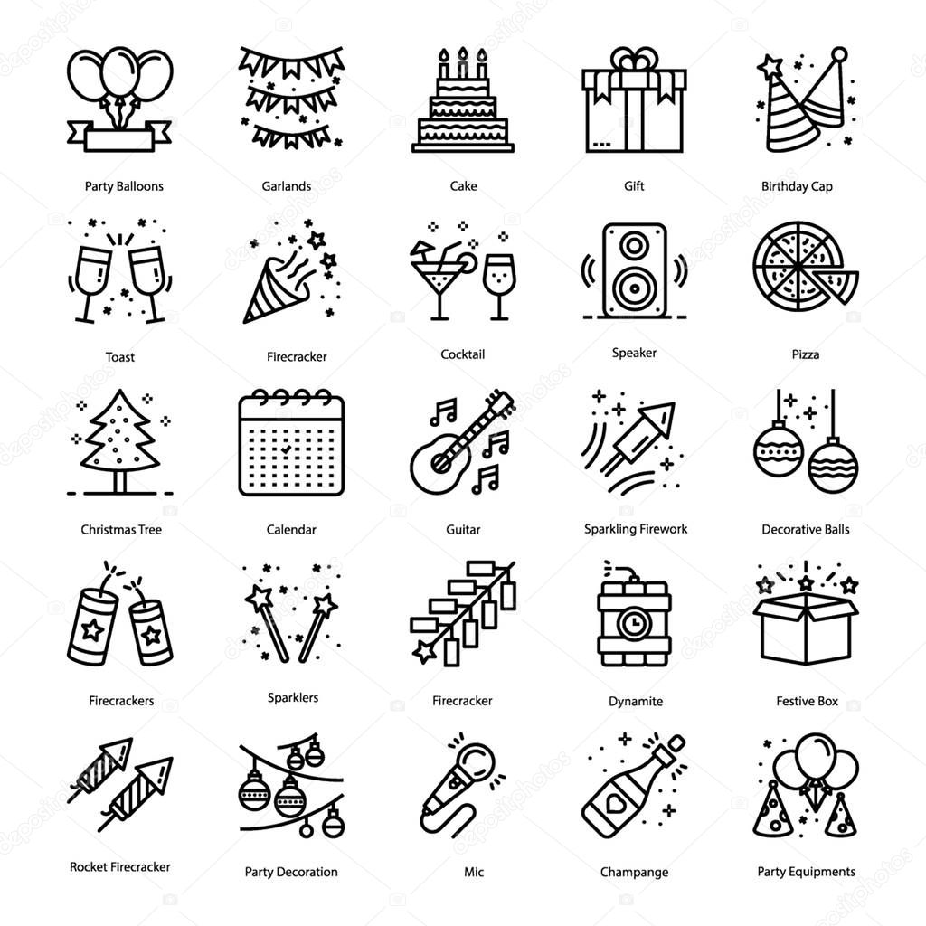 Get your best party elements line icons pack and enjoy these creatively designed visuals. Editable quality is unique and worthy for you. Grab to utilize in associated fields. 