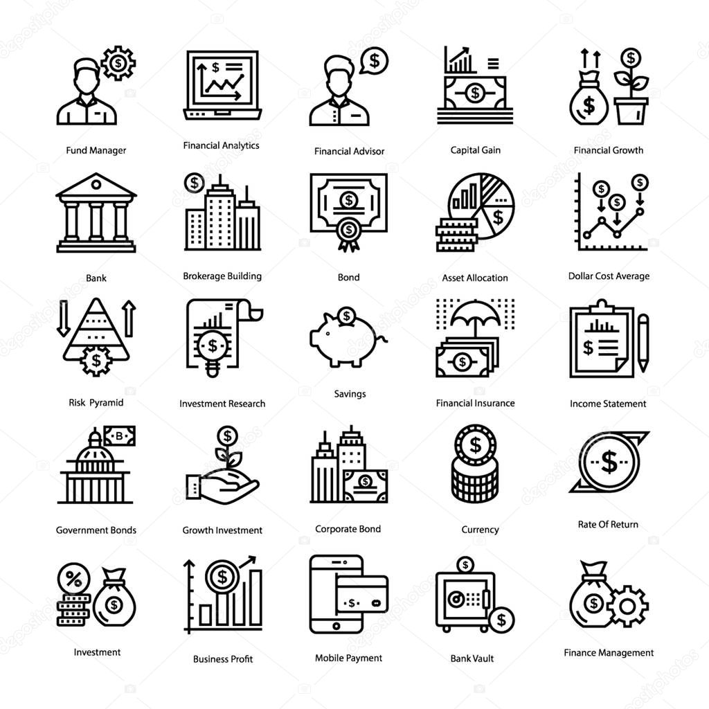 Line set of savings and investment icons is best for any kind of business and design project. Edit and use it. 