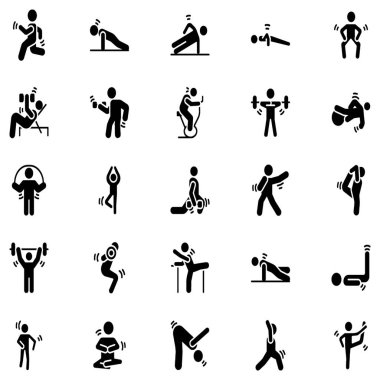 Burada 50 görseloluşan çizgi tasarım spor salonu, egzersiz ve yoga simgeleri paketidir. Bu simgeler ihtiyaca göre düzenlenebilir. Onu yakalayın ve kullanın
