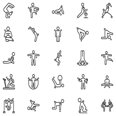 Burada 50 görseloluşan çizgi tasarımı ayarlanmış spor salonu, egzersiz ve yoga simgeleri olduğunu. Bu simgeler ihtiyaca göre düzenlenebilir. Onu yakalayın ve kullanın