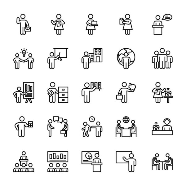 Набор иконок для деловых людей находится здесь в линейном дизайне. Творчески сконструированные элементы легко поддаются ремонту и эксплуатации
. 