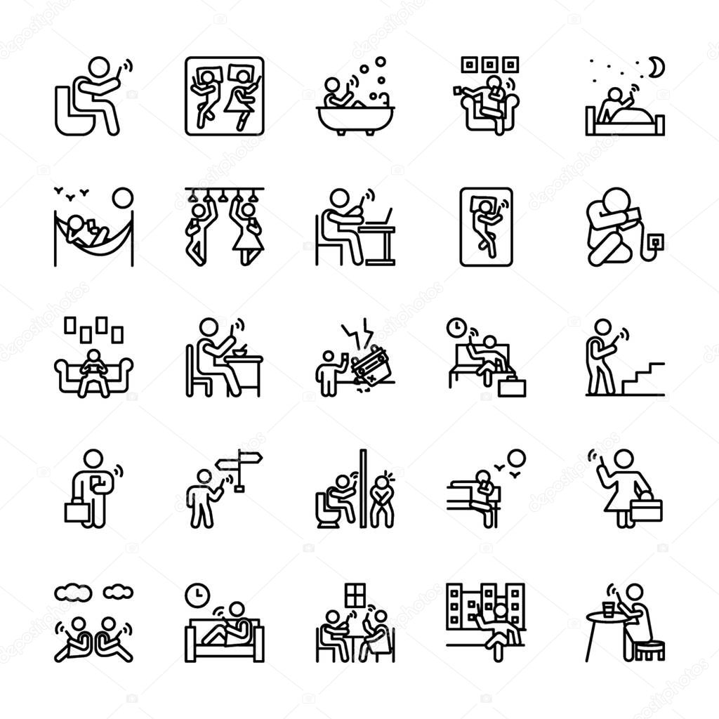 People using phone at different places line icons pack is presented to know about disasters while using phone. Get more knowledge about it and download these icons now!