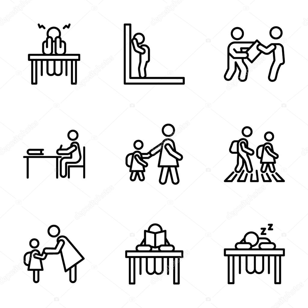 Have a look at this pack of school students icons enriched with solid pictograms of schooling related concepts. Go for this amazing set which is easy to edit and use. 