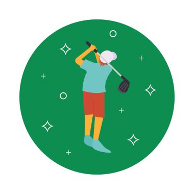 Adam düz yuvarlak vektör golf oynuyor 