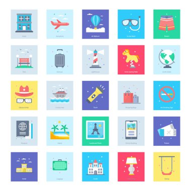 Çantalarınızı toplayın ve tatil seyahatine hazır olun. Bu turizm, seyahat, yaz tatilleri ile ilgili projeler içine ayarlanmış yaz simgeleri çekin. Keyfini çıkarın.