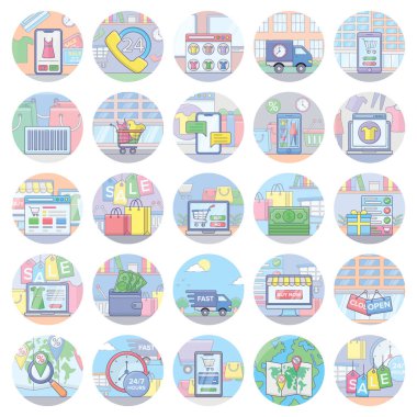 Burada büyüleyici ve çekici online alışveriş, e-ticaret ve mcommerce editable ve proje ihtiyaçlarınız da kullanımı kolay düz simgeleri görsel ler yuvarlak olan e-ticaret düz simgeler bir dizi. 