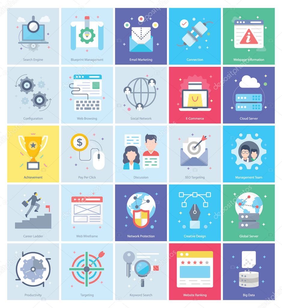 Seo and digital marketing flat icons pack in modern style is presented over here. Editable vectors are easy to use and readily available. Grab and use now!