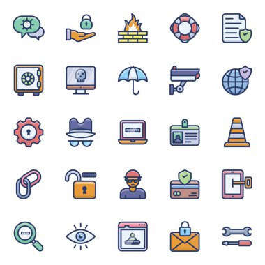 Siber güvenlik düz simgeleri kompakt kümesi. Bu editable siber koruma kümesini alın. Bu siber hack paketi kullanarak bir proje oluşturabilirsiniz.