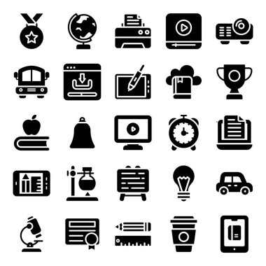 Elearning glyph simgeleri, ihtiyaçlarınızı büyüleyici görsellere sahip olarak paketler. Simgeler, ilgili nişlerde kolayca kullanabileceğiniz şekilde değiştirilebilir  