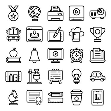 İhtiyaçlarınızın büyüleyici görsellerine sahip elearning çizgi simgeleri paketi. Simgeler, ilgili nişlerde kolayca kullanabileceğiniz şekilde değiştirilebilir  