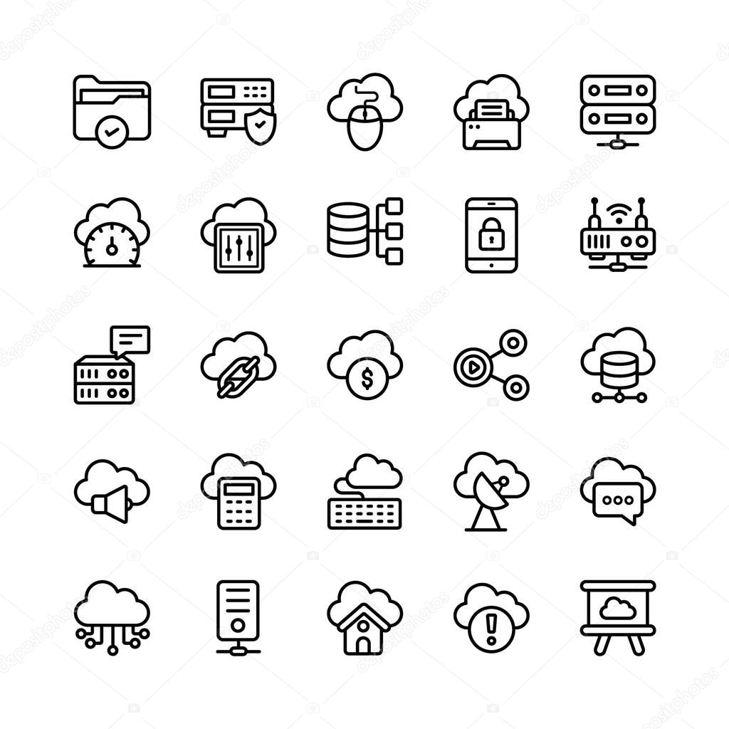 Cloud computing, cloud storage, and database line vectors pack is here for your design need. Editable vectors are easy to use. If you hold this set it will be advantageous for your next project. 