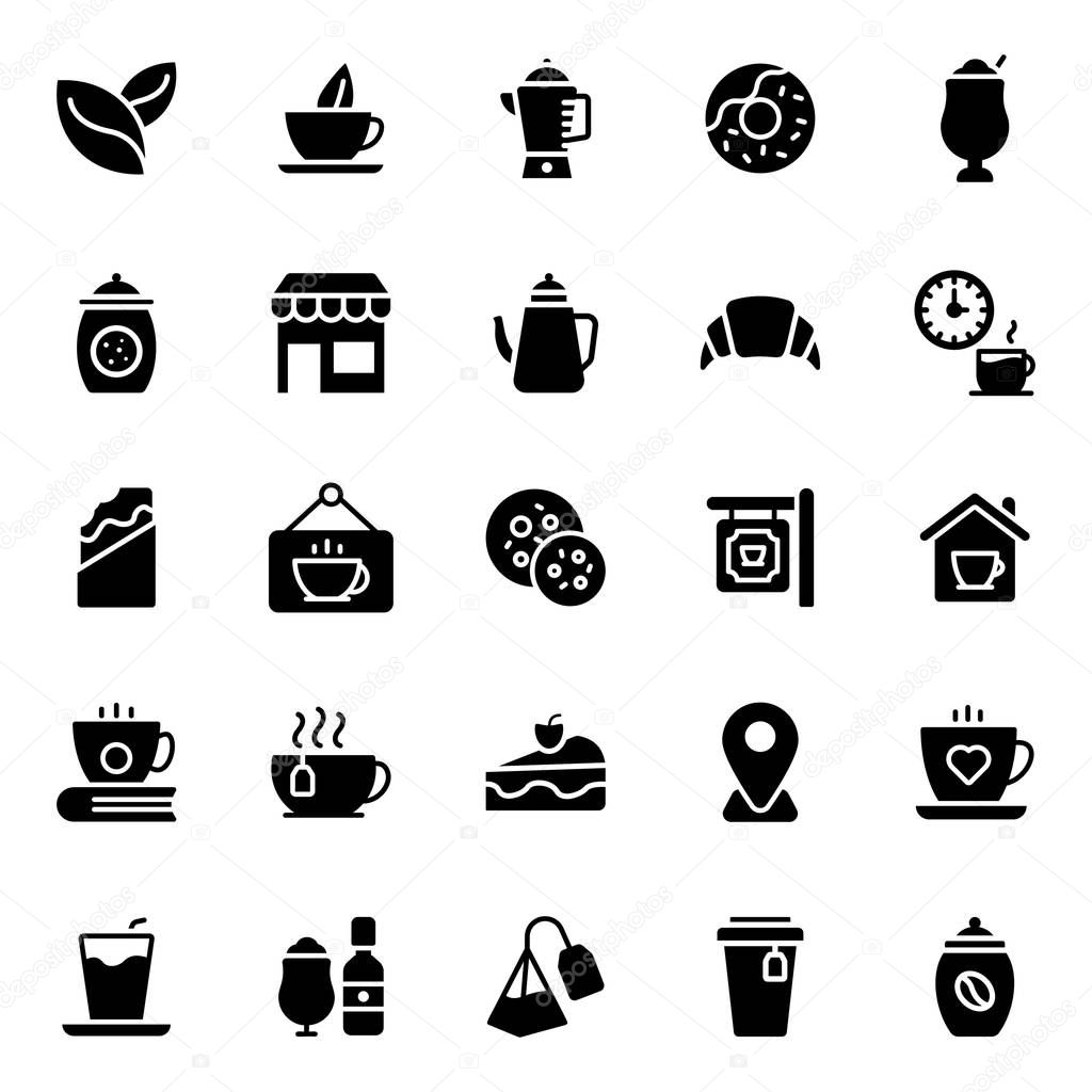 Cafe glyph icons pack is here to make your design projects worthy. These coffee and tea related icons are editable as per your need. Hold them now!