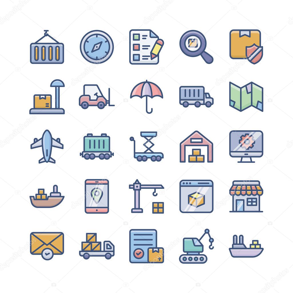 This is delivery services, shipment and logistics flat icons pack. In this set you can see visuals that are convenient for you. Editable vectors are here for your design project. Hold it now!