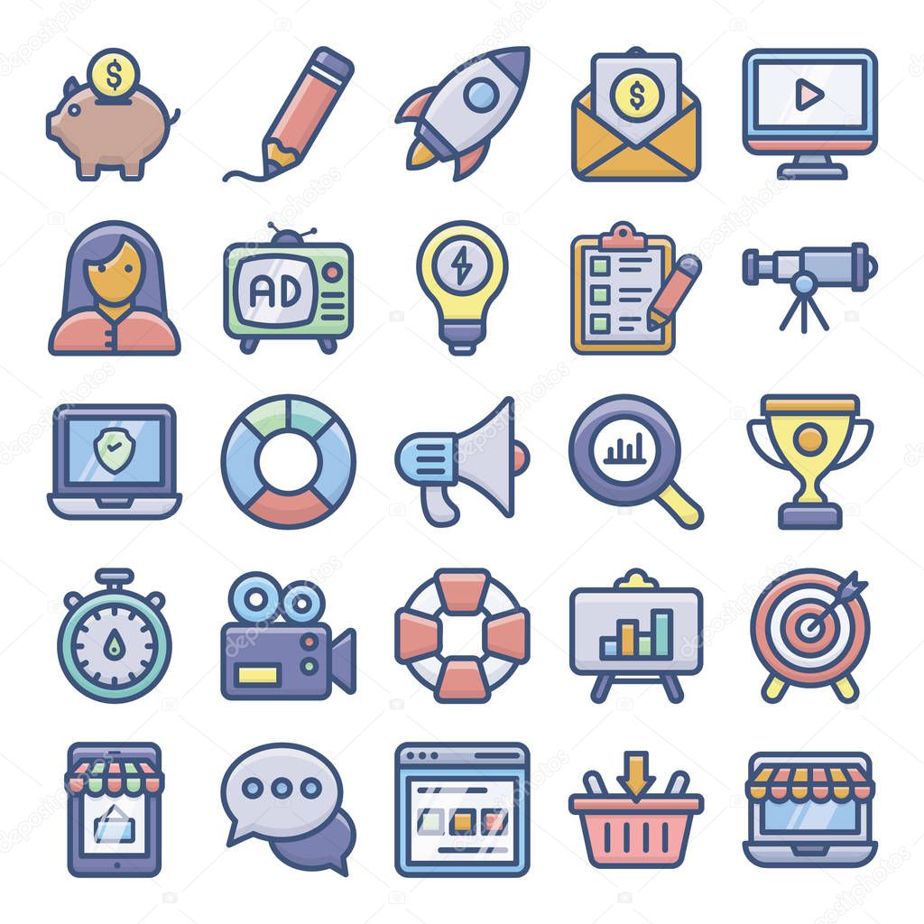 This is digital marketing flat icons pack for your design project. Editable quality makes this set unique and worthy for everyone. Hold this set and use in related field. 