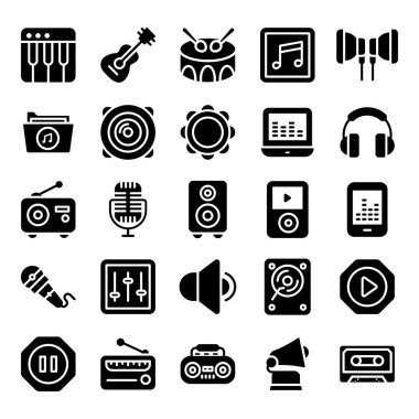 Tasarım projeniz için müzik ve ses katı simgeler paketi sıyoruz. Kullanılabilir vektörlerin tasarım gereksinimleriniz için kullanımı kolaydır. Bu kümeyi tutun ve ilişkili alanda kullanın. 