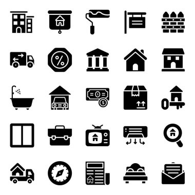Mülkiyet ile ilgili vektörlere sahip bu gayrimenkul katı simgeleri paketini indirin. Bu, bunları yeniden ve ilgili projelerde kullanmanız için gerçekten yararlı olabilir.