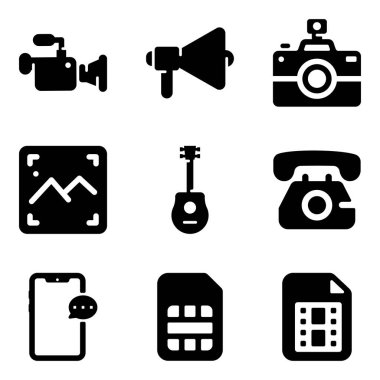 Burada projeler için en iyi sinema vektörleri önde gelen unsurları görüntüleri ve notasyonel görseller simgeleri gösteren multimedya glyph simgeleri bir paket