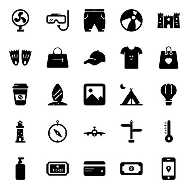 Yaz tatilleri projeleriniz için mükemmel yaz tatili aksesuarları yönlerini karşılayan kışkırtıcı görseller simgeleri gösteren katı vektörler. 